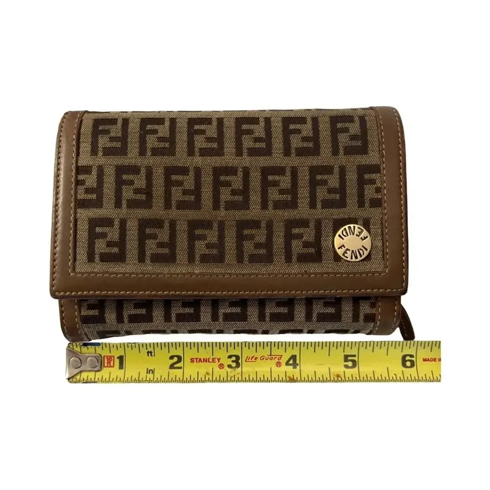 Fendi Zucchino Canvas Bifold Wallet FF Monogram Tan Brown Made in Italy Y2K